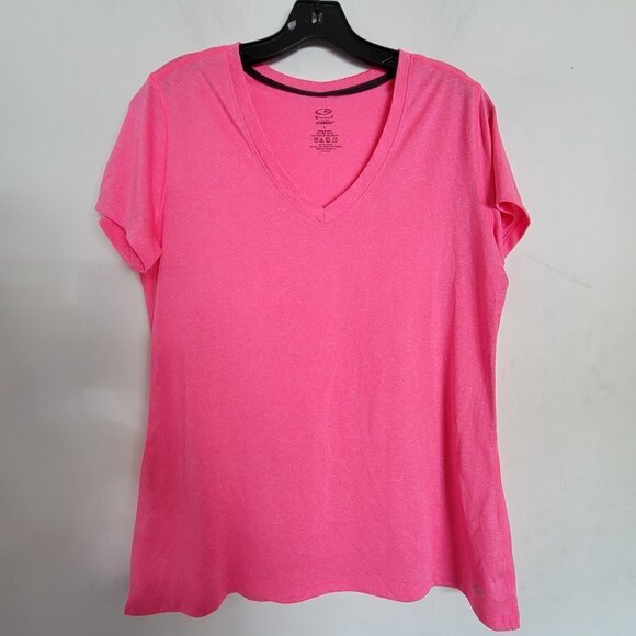 Champion Duodry Neon Hot Pink Round V Neck Short Sleeve Workout Tee Shirt Large - Picture 1 of 9